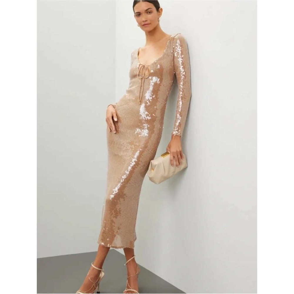 Bardot Verona Sequin Midi Dress XL US 10 Long Sleeve Keyhole Gold Bronze